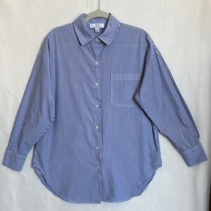 Magaschoni Woman Sz M Blue-White Striped Shirt button down top long sleeve